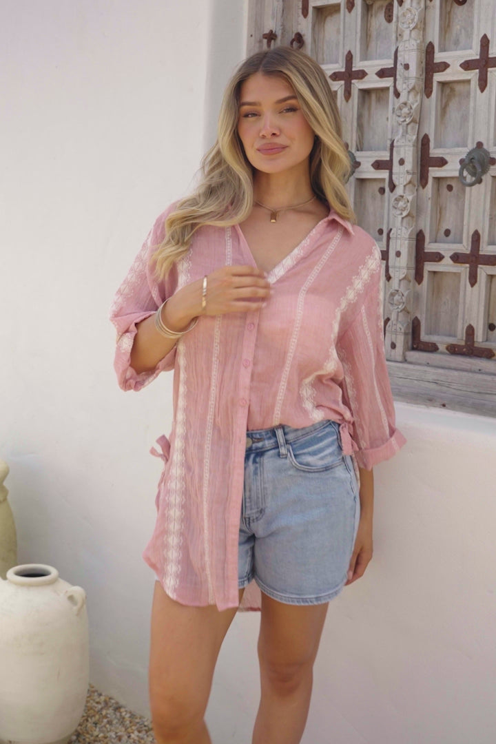 Beachly Embroidered Shirt - Collared Button Down Oversized Shirt in Pink