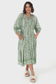 Kamali Midi Dress - Batwing Sleeve Smock Dress with Lace Detailing in Harley Print Green