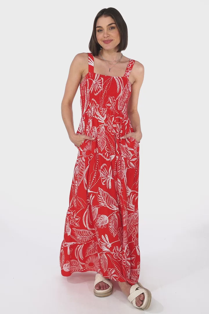 Loretta Maxi Dress - Elasticated Bodice Sun Dress in Havanna Print Red