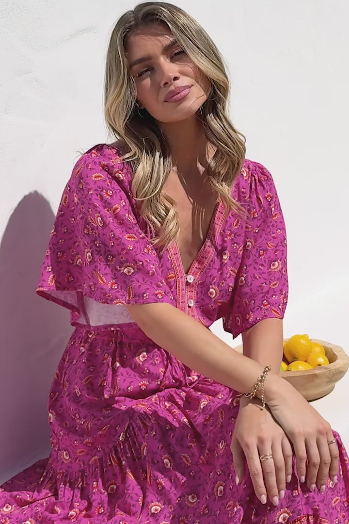 Tassia Maxi Dress - Buttoned Bodice Pull Tie Waist Dress in Quinne Print