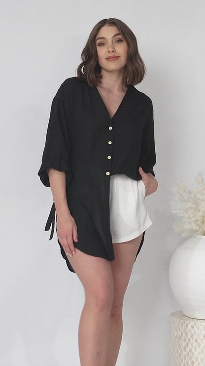 Beachly Shirt - Folded Collar Button Down Relaxed Shirt In Black