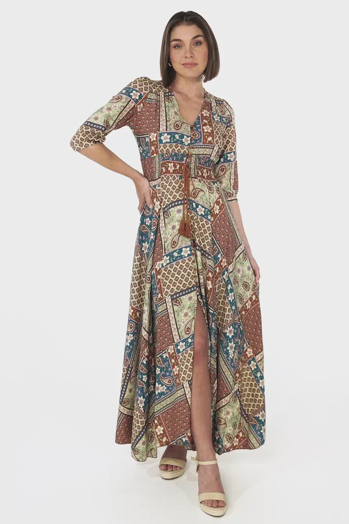 JAASE - Indiana Maxi Dress: Lace Back Shirred Waist A Line Dress with Handkercheif Hemline in Izabelle Print