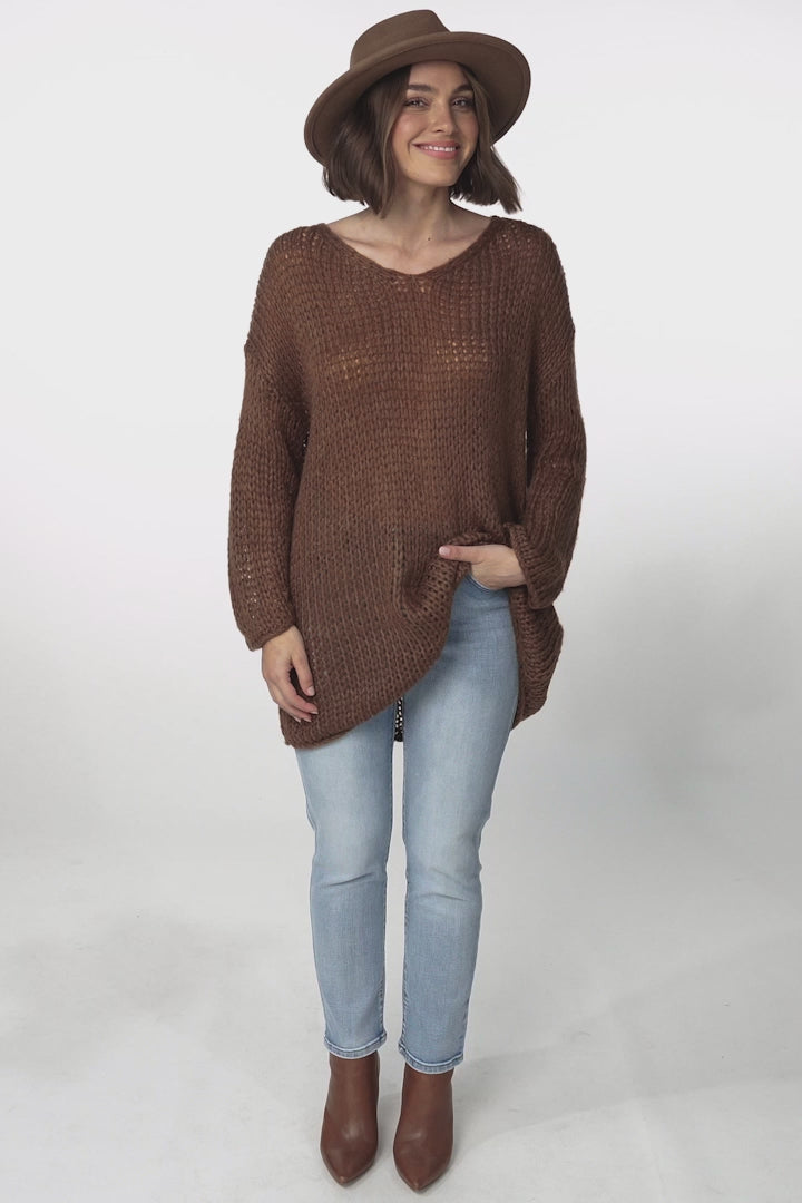 Connie Jumper - Open Knit V Neck Jumper in Chocolate