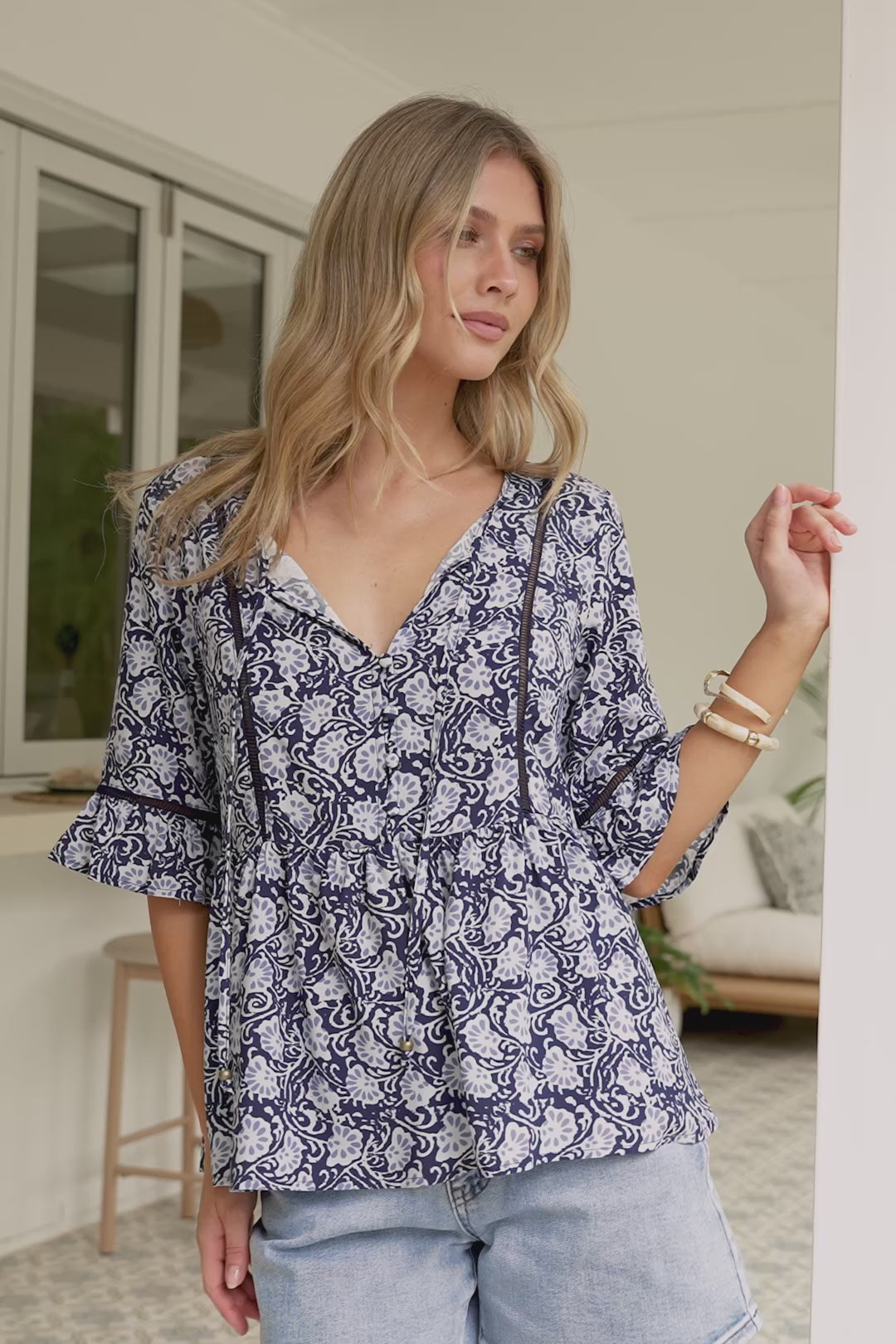 Dustin Top - Tie Neck Button Bodice Peplum Top with Frill Cuff 3/4 Sleeves in Micah Print Blue