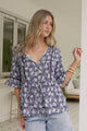 Dustin Top - Tie Neck Button Bodice Peplum Top with Frill Cuff 3/4 Sleeves in Micah Print Blue