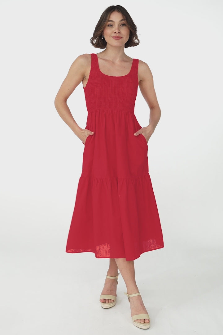 Sarlie Midi Dress - Shirred Bodice Cotton/Linen Blend Tiered Dress in Red