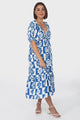 Nielly Midi Dress - V Neck Tie Bust A Line Dress with Balloon Sleeves in Kolby Print Blue