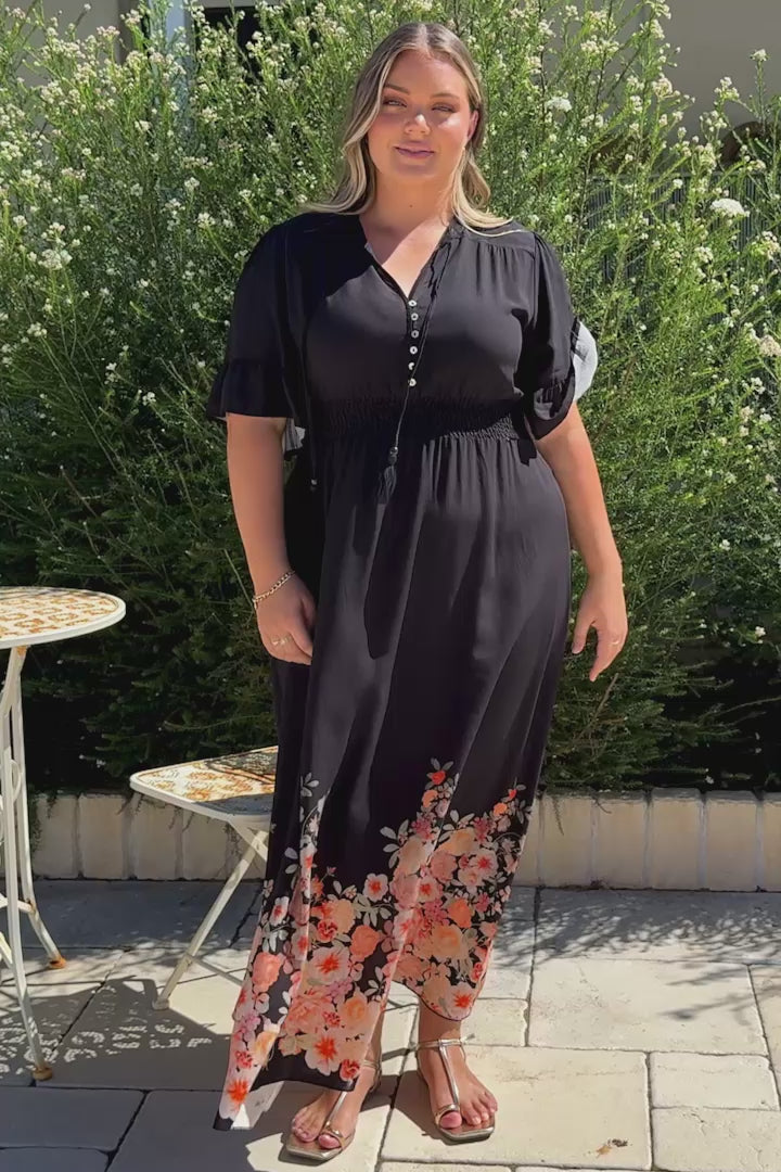 Jemina Maxi Dress - V-Neck Elasticated Waist A-Line Dress in Florence Print Black