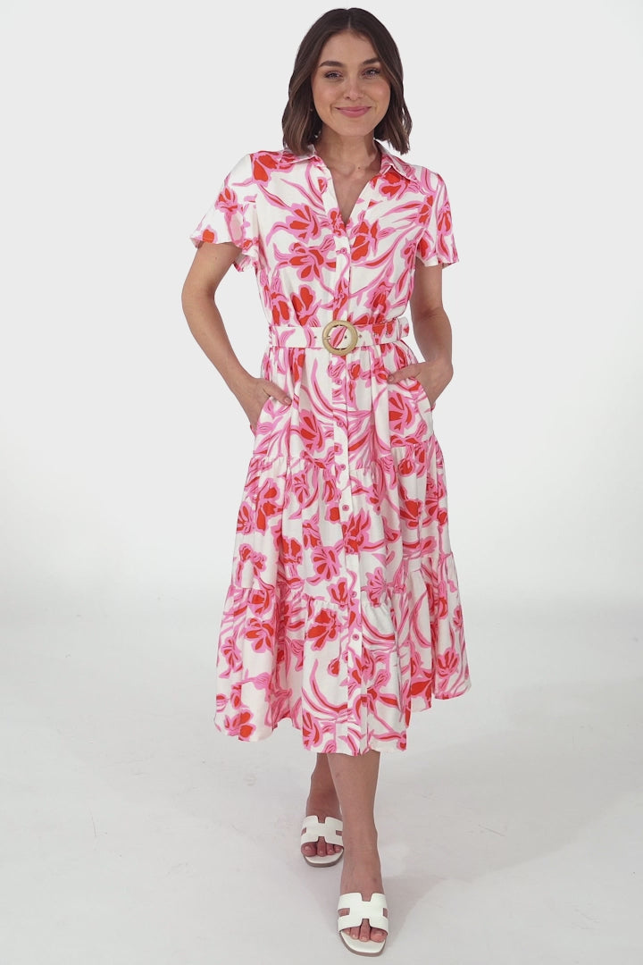 Luvira Midi Dress - Button Down Collared Dress With Statement Belt In Braley Print Pink