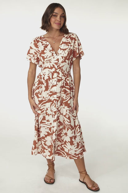 Anais Midi Dress - Cap Flutter Sleeve Button Down A Line Dress in Charis Print Rust