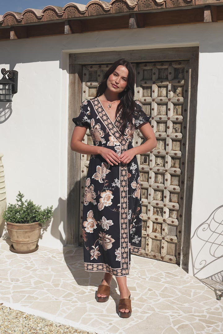 Varonia Midi Dress - V Neck Short Puff Sleeve Wrap Dress in Capella Print