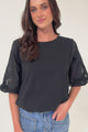 Polly Top - Round Neck Relaxed Top with Cut Out Detailed Balloon Sleeves in Black