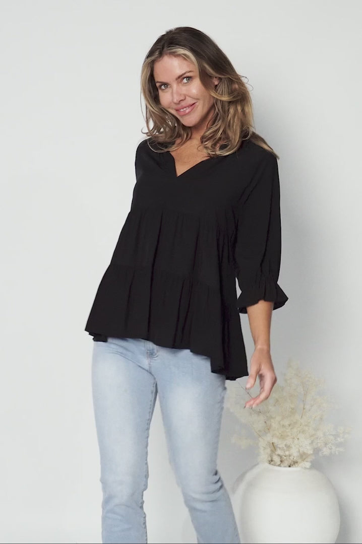 Greta Top - Mandarin Collar Smock Top Black