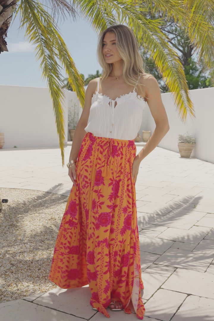 Zia Maxi Skirt - High Waisted Skirt with Tassel Waist Tie and Front Splits in Betsey Print