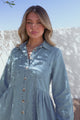 Gerri Mini Dress - Wing Collar Button Down Smock Denim Dress in Mid Denim Wash