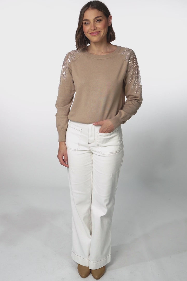 Kennett Jumper - Beaded Embelished Shoulder Crew Neck Jumper in Tan