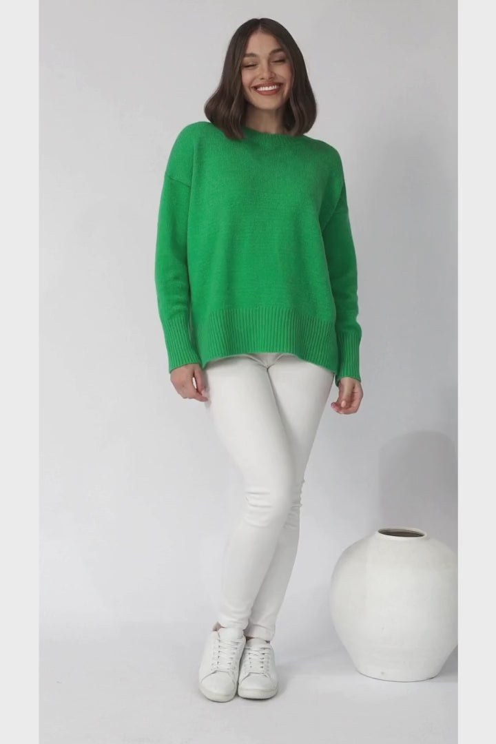 Rita Jumper - Relaxed Crew Neck Knit with Side Splits in Green