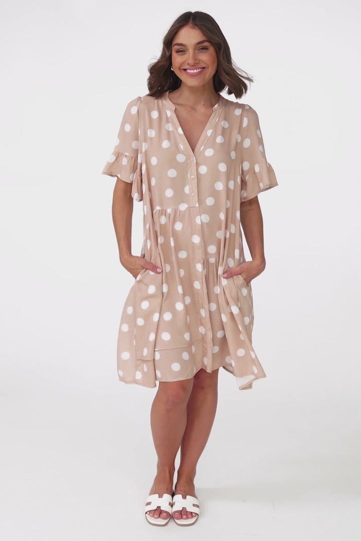 Netty Mini Dress - Mandarin Collar Smock Dress with Frill Hem Sleeves in Mahony Print Beige