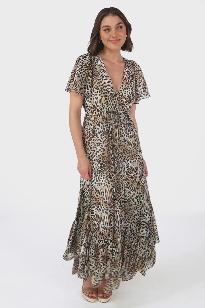 Ranaya Maxi Dress - Cap Sleeve Tie Bust Detailed A-Line Dress in Ralie Print