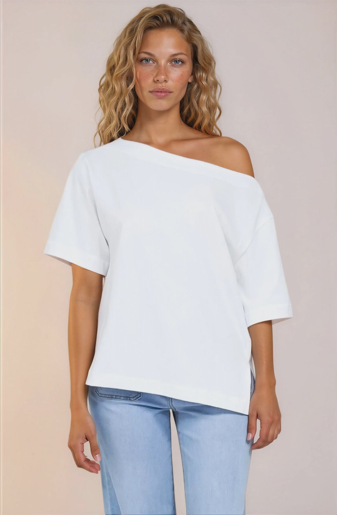 Dolce Top - Asymmetric Neckline Boxy Top with Side Split in White