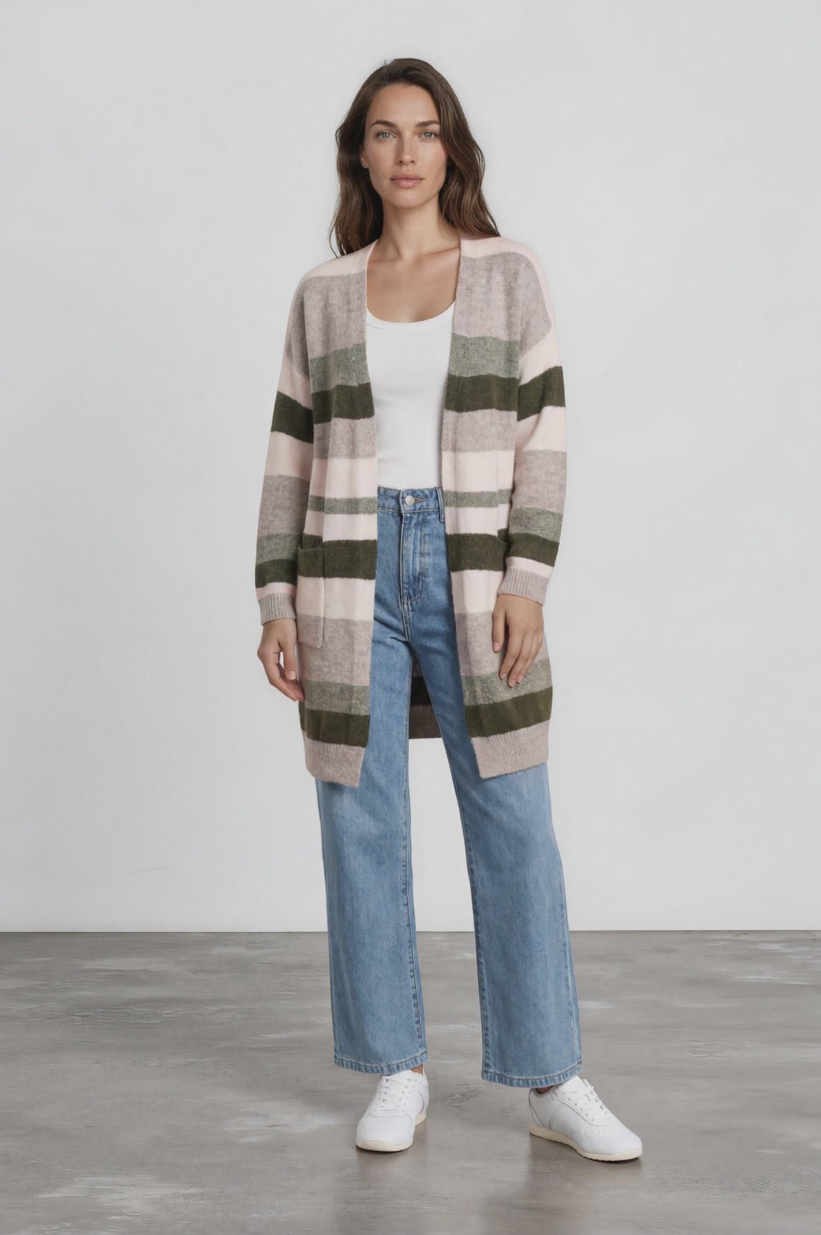 Alfie Cardigan - Open Stripe Knit with Pockets and Rib Knit Trim in Baby Pink/Mocha