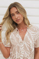 Bryonie Top - Tie V Neckline Button Down Top with Flutter Sleeves in Jeani Print Beige