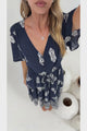 Soraya Midi Dress - V Neck Front Button A Line Dress with Adjustable Waist Tie in Azzurra Print Navy