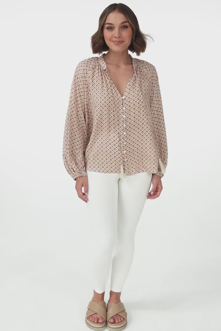 Sallie Blouse - V-Neckline Button Down Blouse in Retro Print