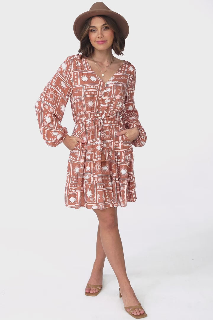 Alicia Mini Dress - A Line Tiered Dress with Pull Tie Waist in Cailan Print