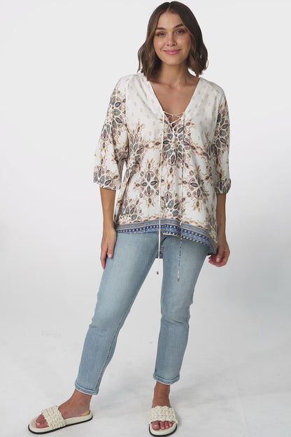 JAASE - Palas Top: V Neck Slouch Blouse with Criss Coss Bust Tie In Gemstone Print