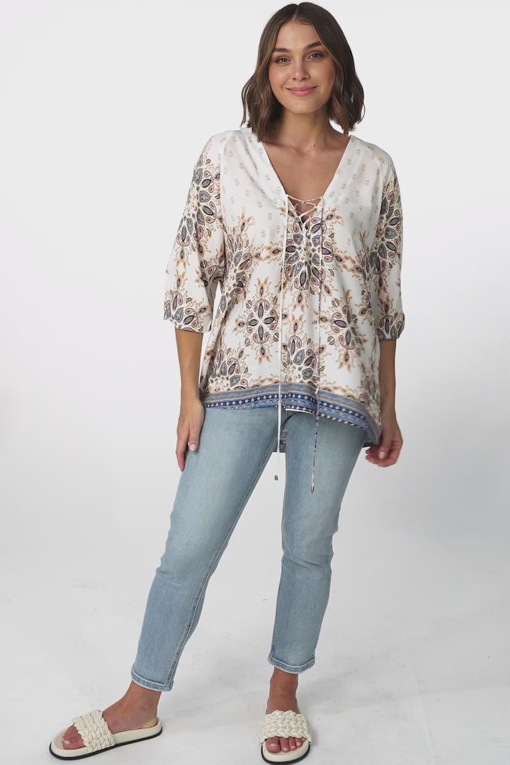 Palas Top: V Neck Slouch Blouse with Criss Cross Bust Tie In Gemstone Print