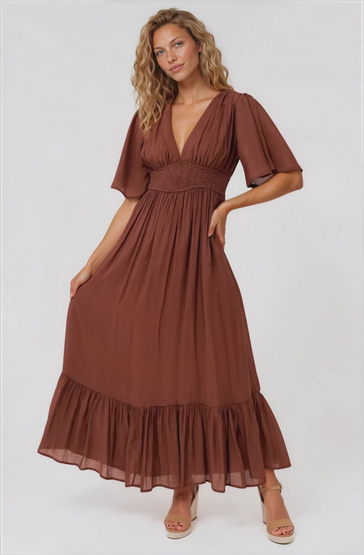 Glades Maxi Dress - V Neck Shirred Waist A Line Dress in Rust