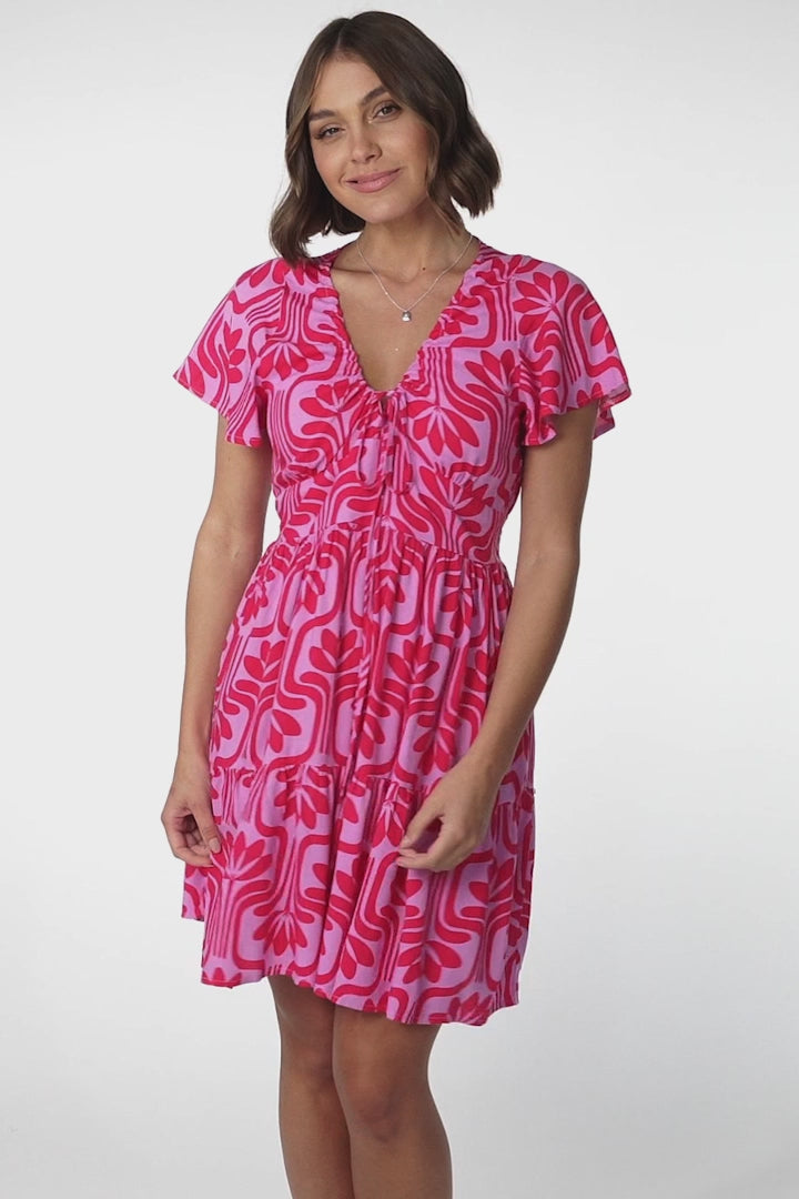 Lilly Mini Dress - Adjustable V Neckline Dress with Cap Sleeves in Luvira Print Pink