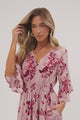 Carmine Mini Dress - V Neck A Line Dress with Shirred Cinched Waist and Pockets in Jennaia Print