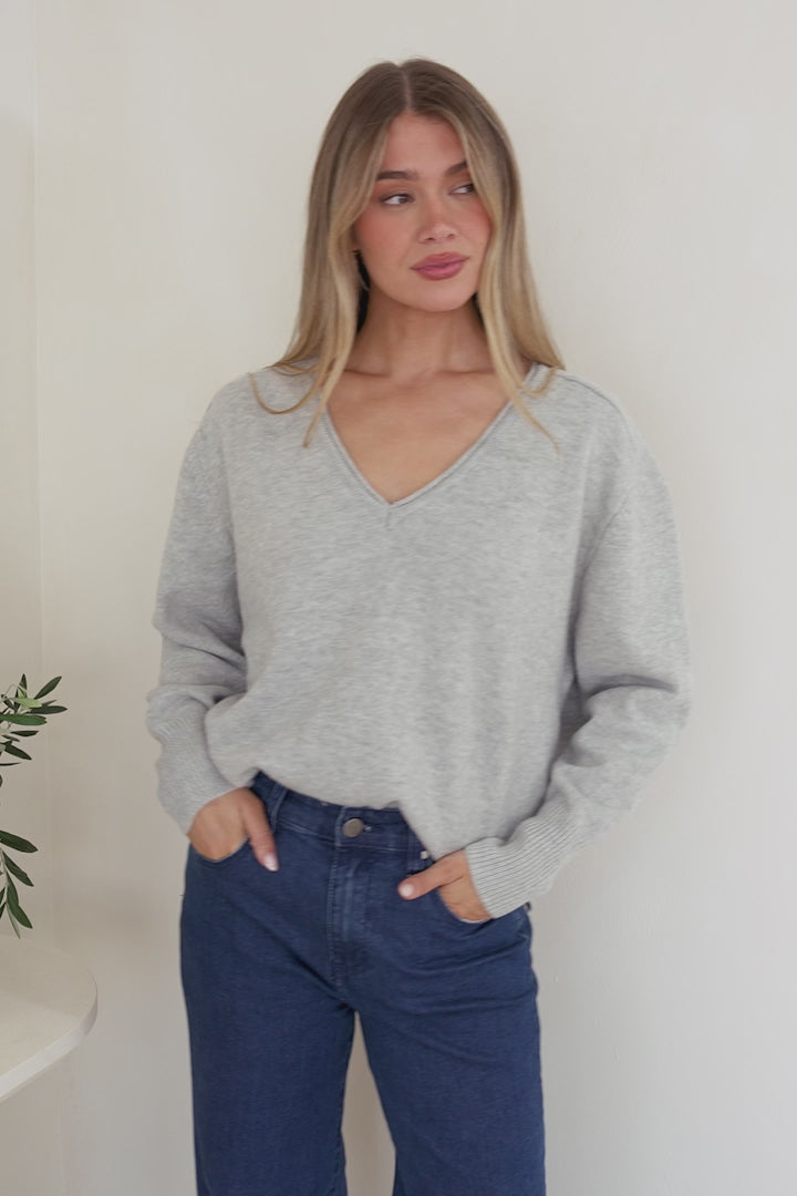 Clarke Jumper - V-Neck Batwing Sleeve Ribbed Step Hemline Knit in Grey