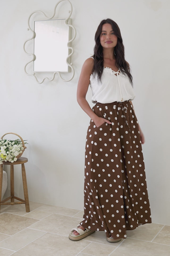 Charli Pants -  Paper Bag High Waisted Wide Leg Pants in Ashti Spot Print Brown