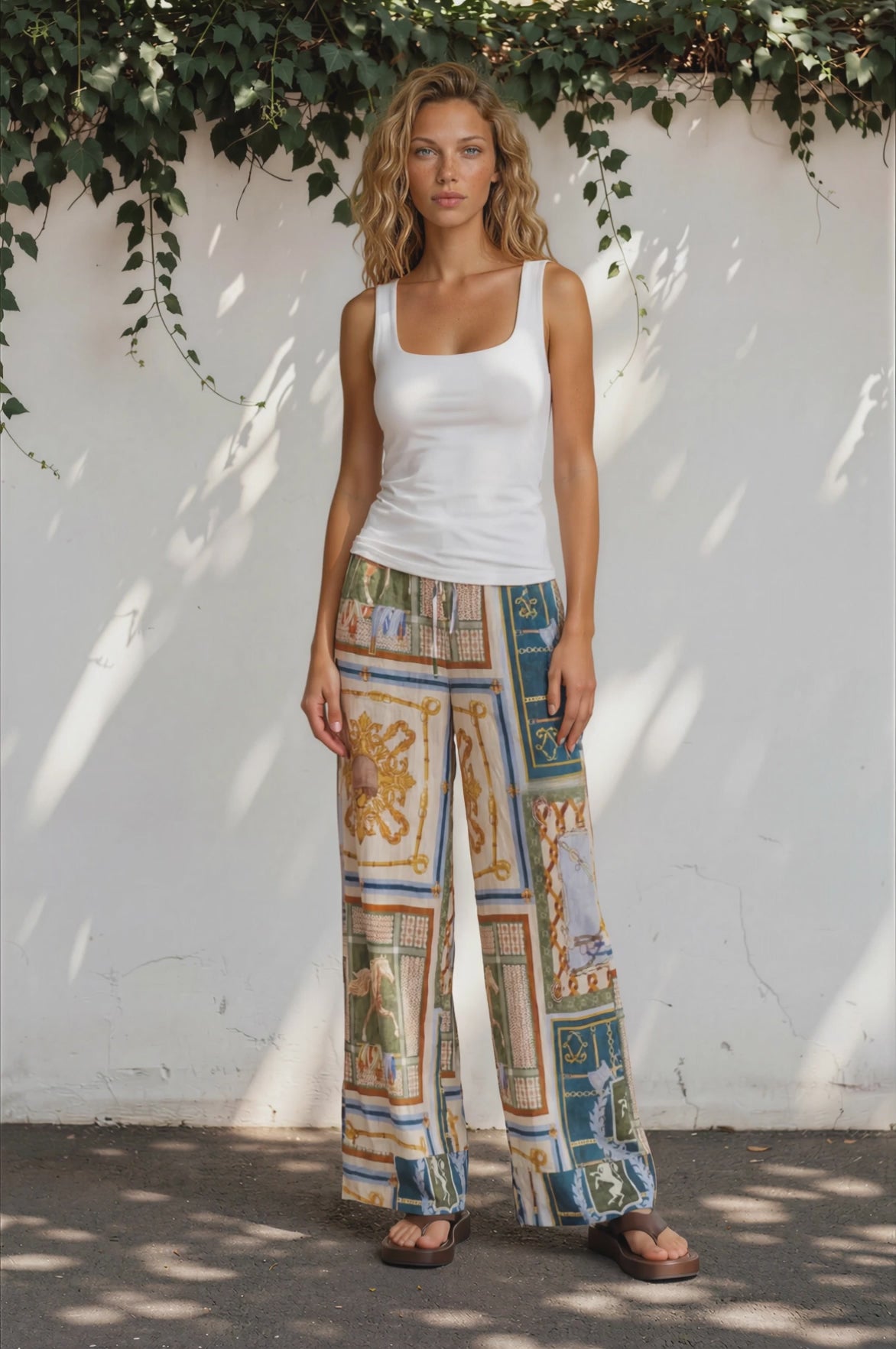 Rune Pants - High Waisted Wide Leg Pants with Elasticated Waistband and Pockets in Regalia Print
