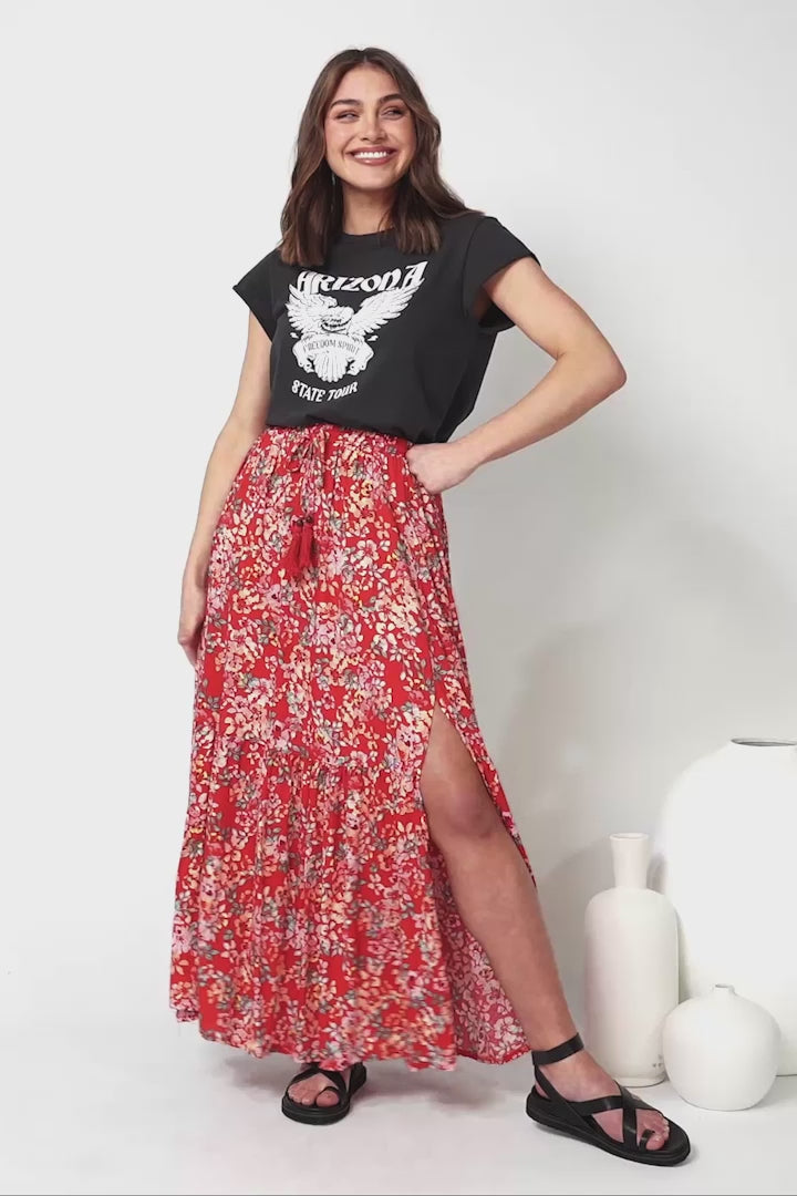 Hellen Maxi Skirt - High Waisted Skirt with Front Splits in Florentina Print Red