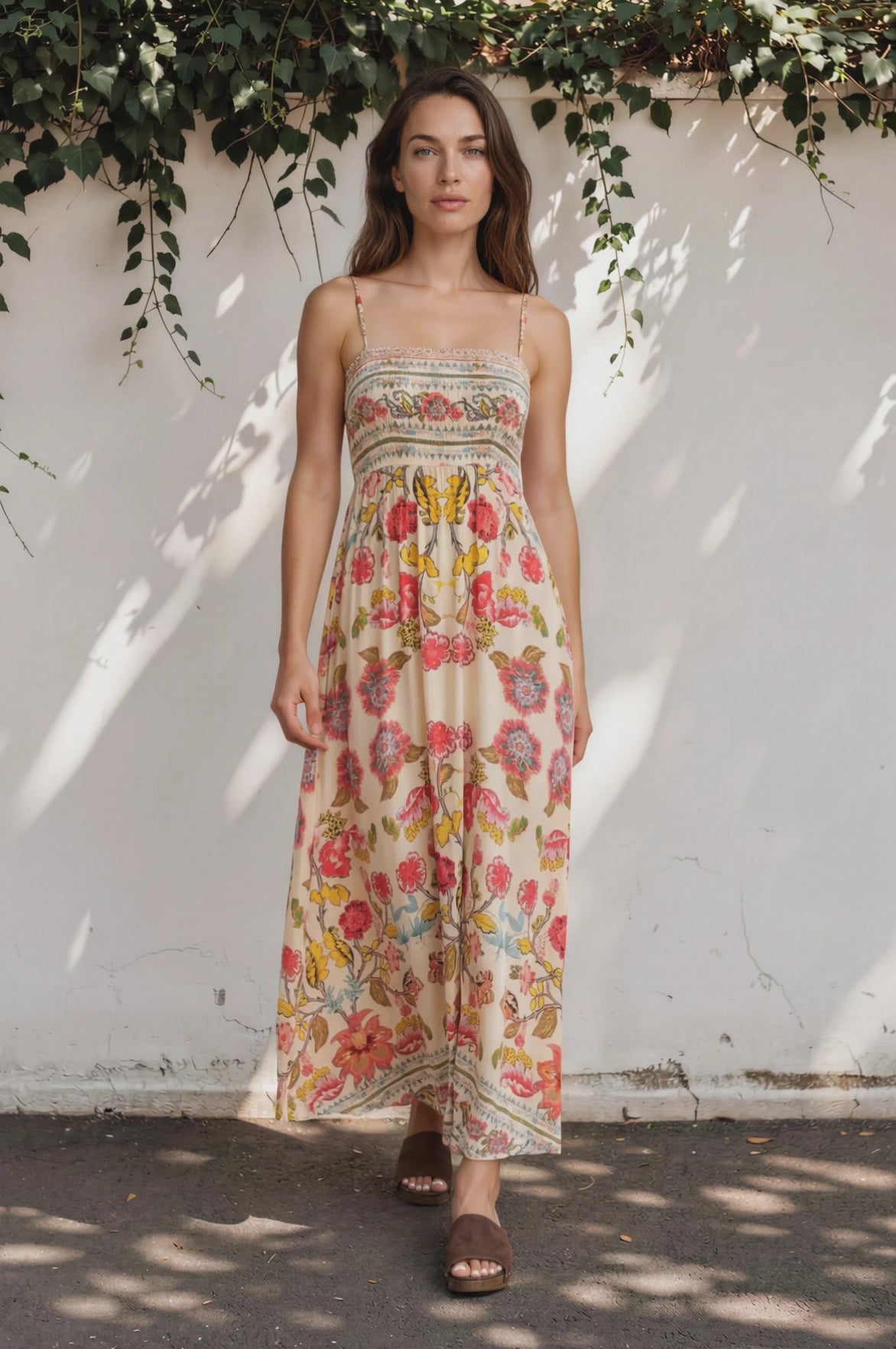 Gretal Maxi Dress - Sqaure Neck A-Line Dress with Adjustable Spaghetti Straps in Sweet Tea Print
