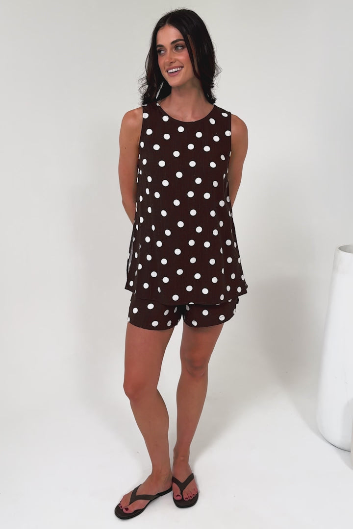 Saturn Set - Crew Neck Sleeveless Top with Side Splits and Drawstring Waist Shorts in Kitson Spot Print Chocolate