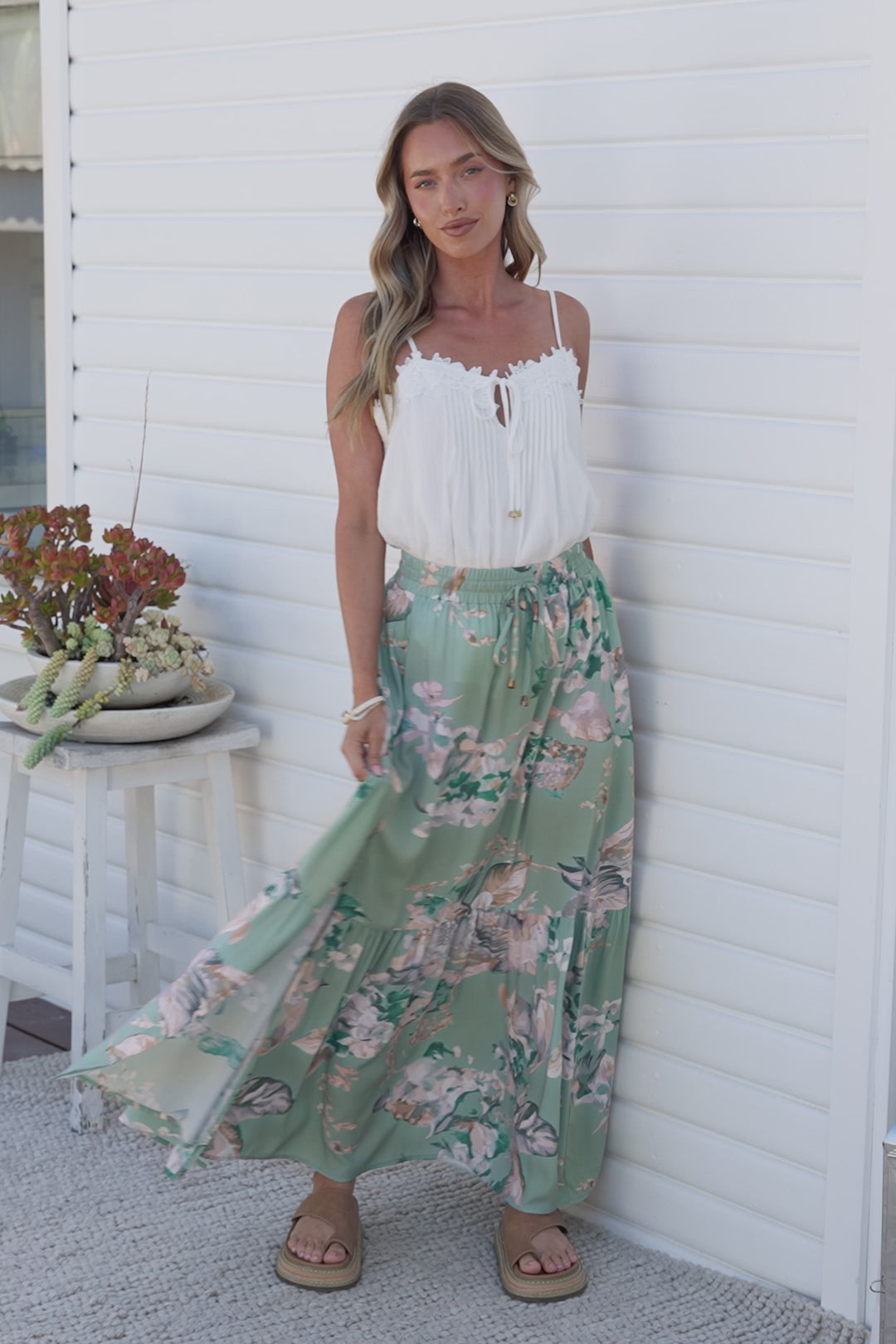 Zia Maxi Skirt - High Waisted Skirt with Tassel Waist Tie and Front Splits in Emerson Print