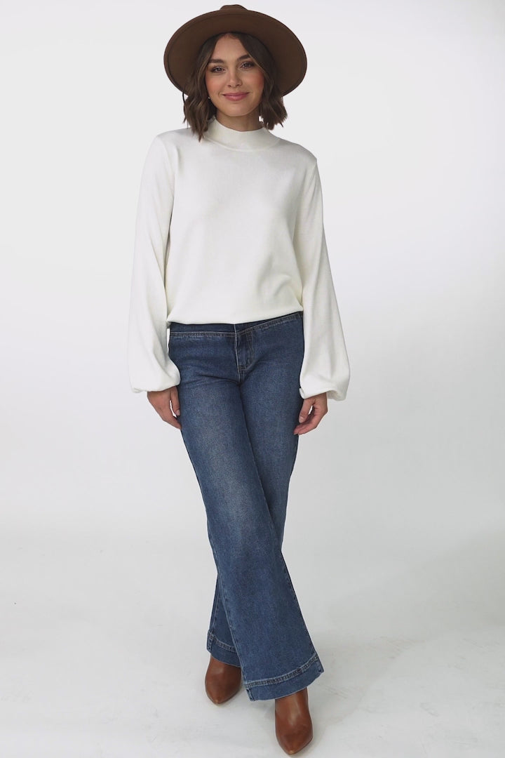 Tallum Knit Top - High Neck Knit Top with Balloon Sleeves in White