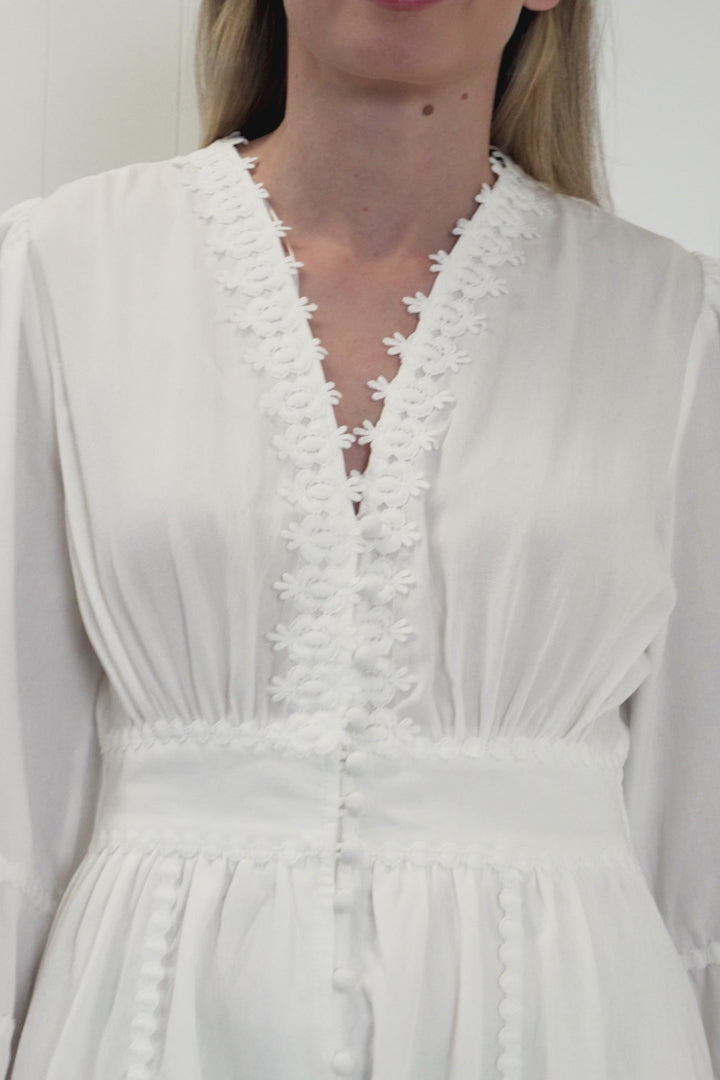 Elowyn Midi Dress - Floral Lace Trim Button Down A Line Dress with Balloon Sleeves in White