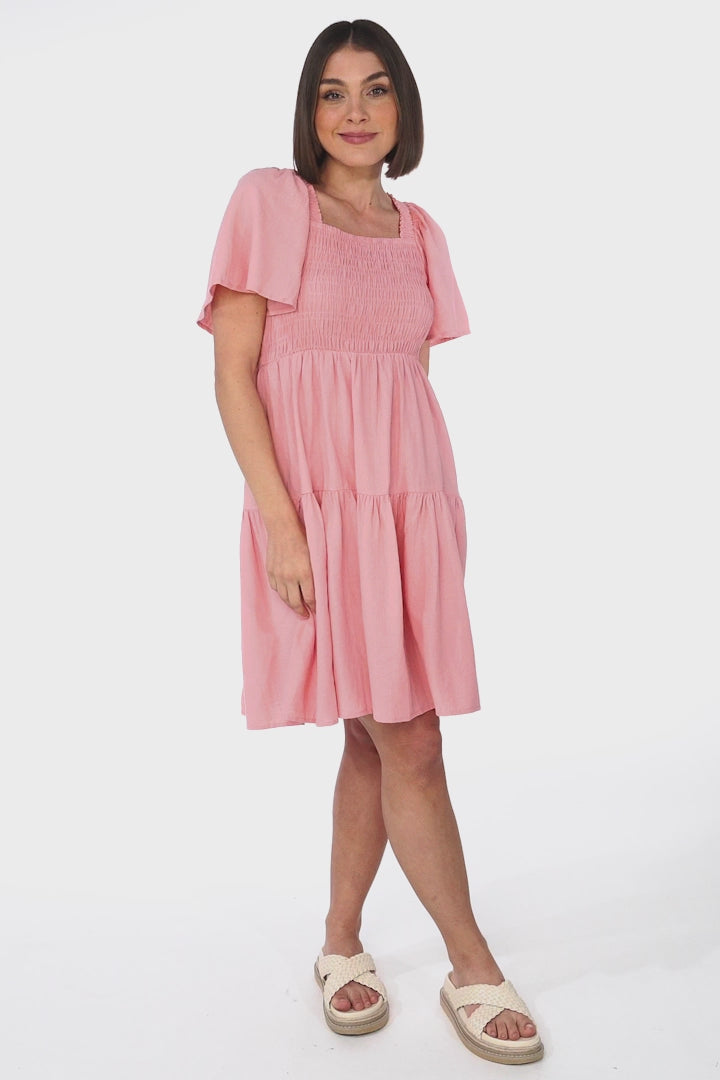 Catrice Mini Dress - Short Sleeve Milkmaid Neckline Dress in Pink