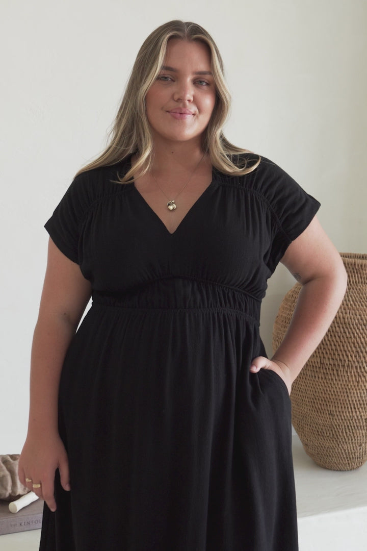 Torin Midi Dress - Gathered and Piping Detailed A-Line Dress with a V-Neckline in Black