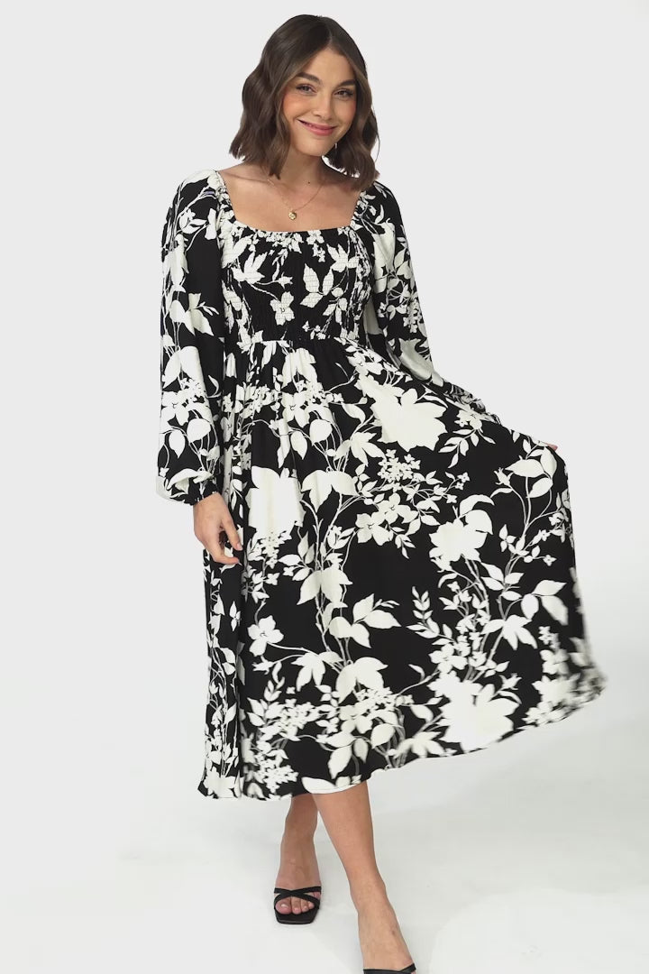 Samera Midi Dress - On or Off Shoulder A Line Dress in Kacia Print Black