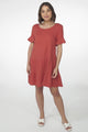 Cora Mini Dress - Cheesecloth Cotton Tiered Smock Dress with Frill Sleeves in Rust