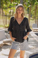 Dustin Top - Tie Neck Button Bodice Peplum Top with Frill Cuff 3/4 Sleeves in Spot Print Black