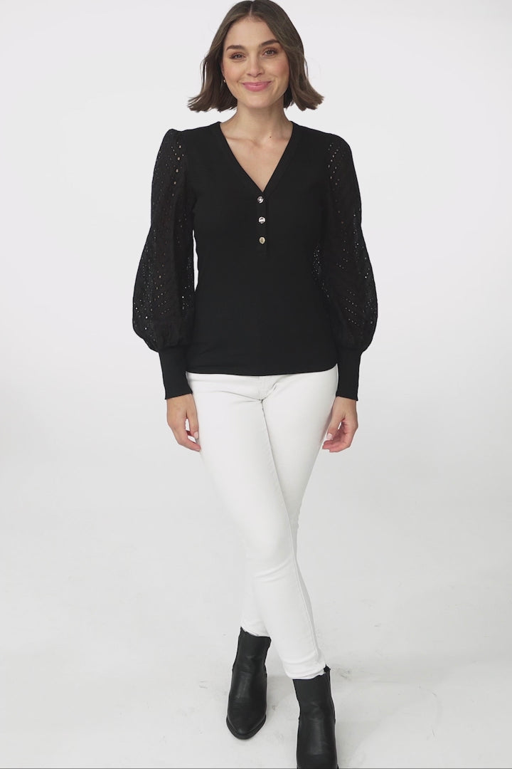 Tara Top - Ribbed Buttoned Detail Top with Cotton Anglaise Sleeves in Black