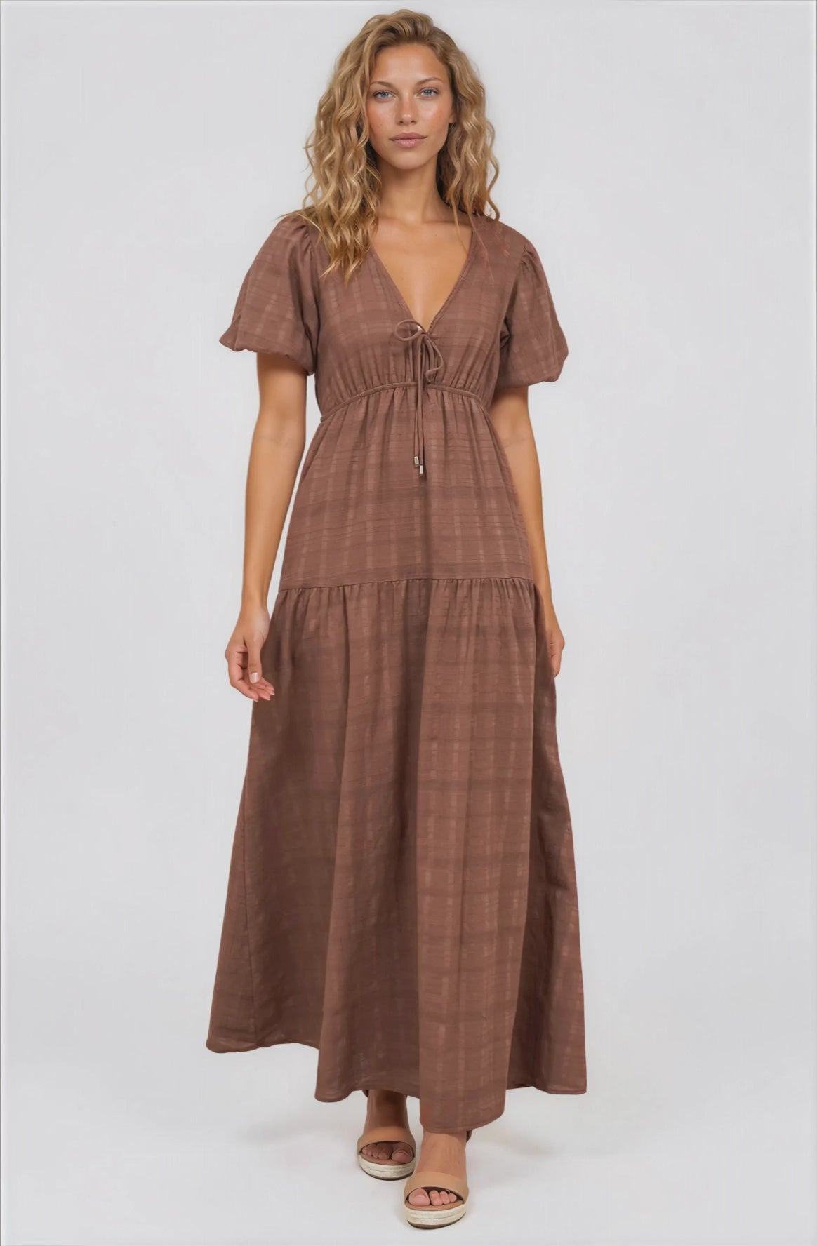 Emirah Maxi Dress - V-Neck Tiered A-Line Dress with Puff Sleeves in Chocolate